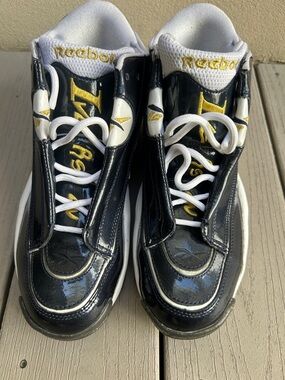 Reebok Allen Iverson White and glossy Navy blue Athletic Shoes with Gold Accents